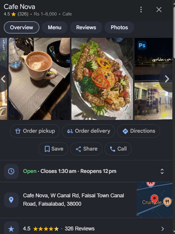 Cafe Nova map location — West Canal Road, Faisalabad